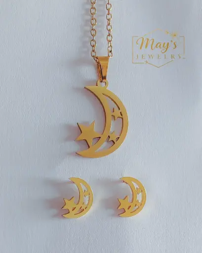 Ensemble collier et boucle d'oreille lune et sa petite étoile 